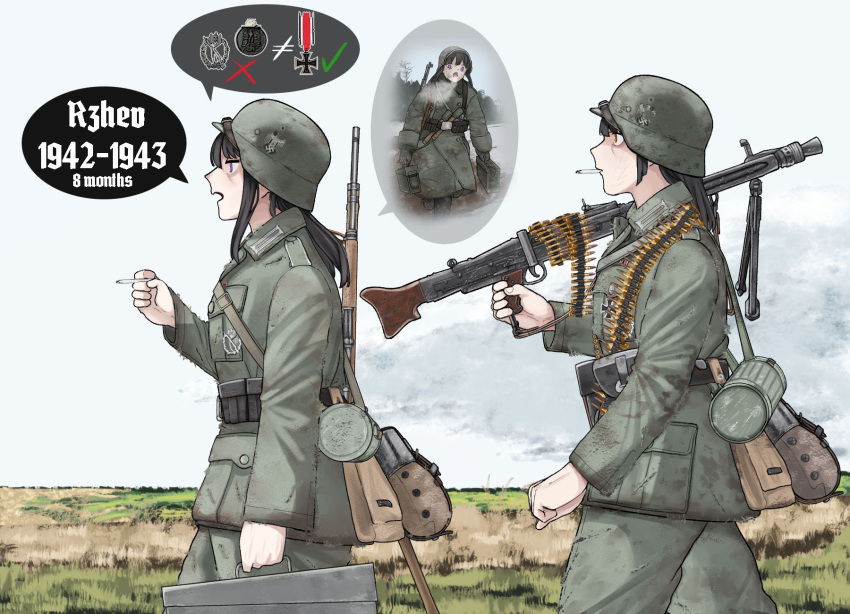 2girls black_hair cigarette green_jacket green_pants gun helmet highres holding holding_cigarette iron_cross jacket long_sleeves machine_gun medal mg42 multiple_girls original outdoors pants red_eyes rifle rifle_on_back smoking speech_bubble stahlhelm swastika the_zombie5555 violet_eyes weapon world_war_ii