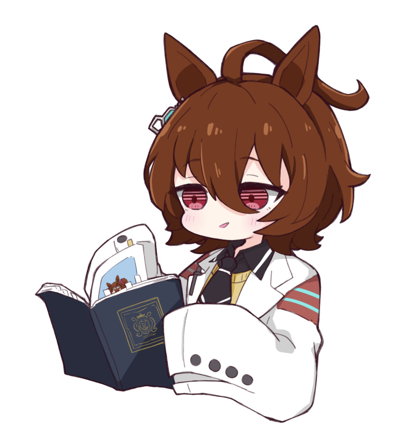 1girl agnes_tachyon_(umamusume) ahoge animal_ears bangs black_neckwear black_shirt blush book bookmark brown_hair collared_shirt commentary_request cropped_torso daiwa_scarlet_(umamusume) eyebrows_visible_through_hair hair_between_eyes highres hitomiz holding holding_book horse_ears labcoat long_sleeves open_book open_clothes parted_lips red_eyes shirt simple_background sleeves_past_fingers sleeves_past_wrists smirk solo sweater_vest umamusume upper_body white_background