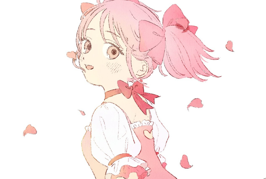 1girl arms_at_sides back_cutout breasts choker clothing_cutout dot_nose eyebrows_visible_through_hair floating_hair frilled_sleeves frills heart_cutout kaname_madoka light_blush light_smile looking_at_viewer looking_back mahou_shoujo_madoka_magica parted_lips petals pink_eyes pink_hair pink_ribbon pink_theme puffy_sleeves red_choker red_ribbon ribbon ribbon_choker short_twintails shoulder_blades sideboob simple_background small_breasts solo sumire_mdmg twintails upper_body white_background
