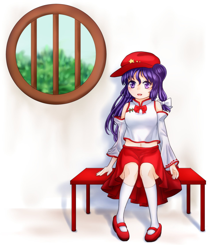 1girl bare_shoulders bow breasts cabbie_hat detached_sleeves eyebrows_visible_through_hair eyelashes flat_cap hat hat_ornament highres label_girl_(dipp) long_hair mandarin_collar mary_janes medium_breasts midriff minorin_minor navel open_mouth purple_hair red_bow red_footwear red_headwear red_neckwear red_skirt round_window shoes side_ponytail simple_background sitting skirt star_(symbol) star_hat_ornament touhou vest violet_eyes white_background white_legwear white_sleeves white_vest wide_sleeves window