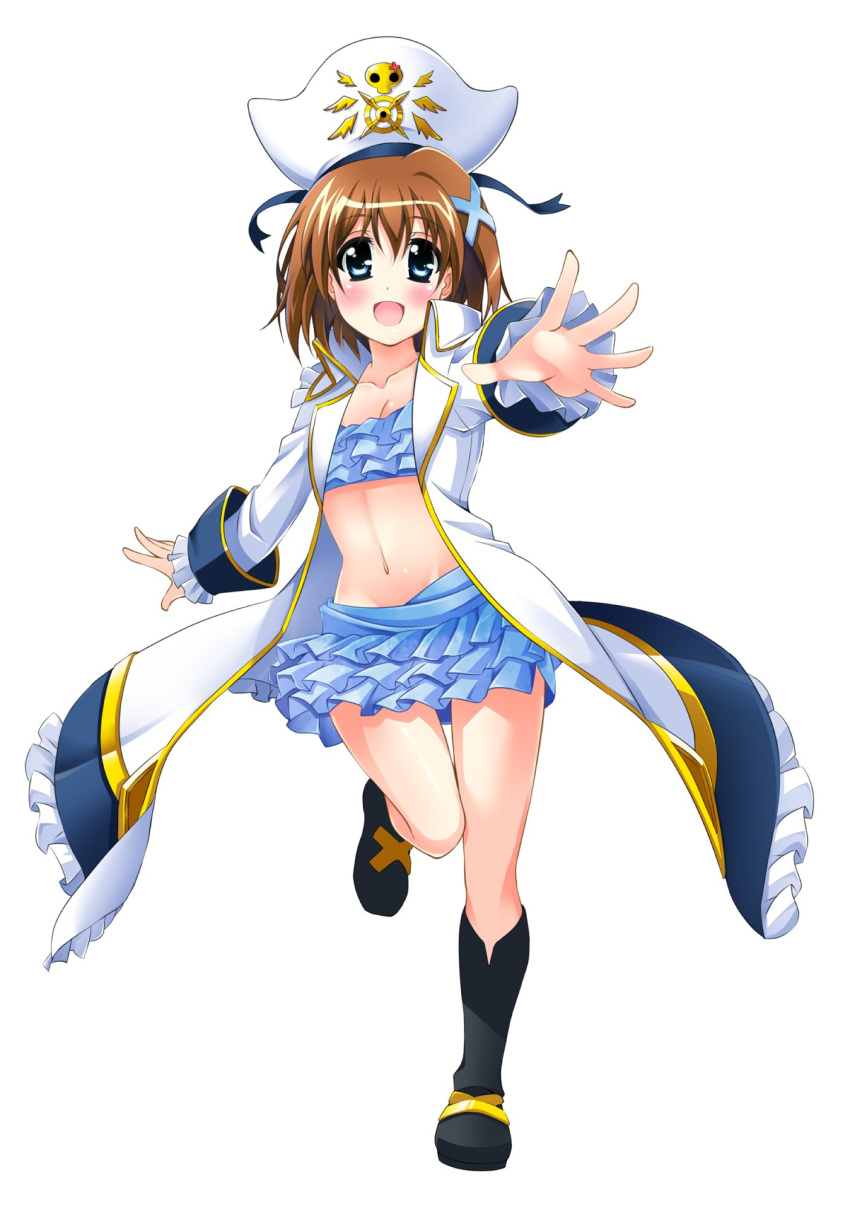 1girl :d bikini black_footwear blue_bikini blue_eyes boots brown_hair coat frilled_bikini frills hair_ornament hat highres leg_up long_coat long_sleeves looking_at_viewer lyrical_nanoha mahou_shoujo_lyrical_nanoha mahou_shoujo_lyrical_nanoha_a's navel open_mouth pirate_hat reaching_out schwertkreuz short_hair simple_background smile solo standing standing_on_one_leg swimsuit white_background white_coat white_headwear x_hair_ornament yagami_hayate yorousa_(yoroiusagi)