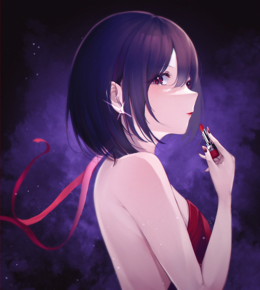 1girl backless_dress backless_outfit bare_shoulders black_hair dress earrings from_side highres horo_27 jewelry lipstick looking_at_viewer makeup original purple_background red_dress red_eyes red_lips red_ribbon ribbon short_hair sleeveless sleeveless_dress solo sparkle upper_body