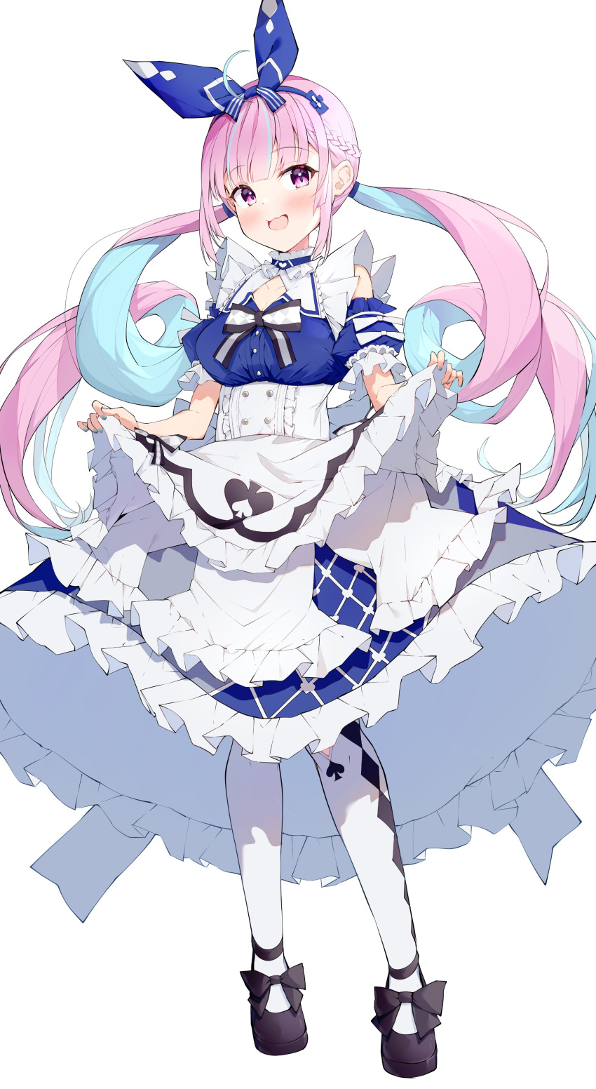 1girl absurdres apron apron_hold bangs black_footwear blue_dress blue_hair blue_hairband blue_nails blush bow_hairband braid breasts colored_inner_hair darjeeling_(reley) dress drill_hair eyebrows_visible_through_hair frilled_apron frilled_dress frills full_body hairband highres hololive large_breasts long_hair looking_at_viewer minato_aqua multicolored_hair nail_polish open_mouth pantyhose pink_hair puffy_short_sleeves puffy_sleeves shoes short_sleeves simple_background smile solo standing twin_drills twintails very_long_hair violet_eyes virtual_youtuber white_apron white_background white_legwear