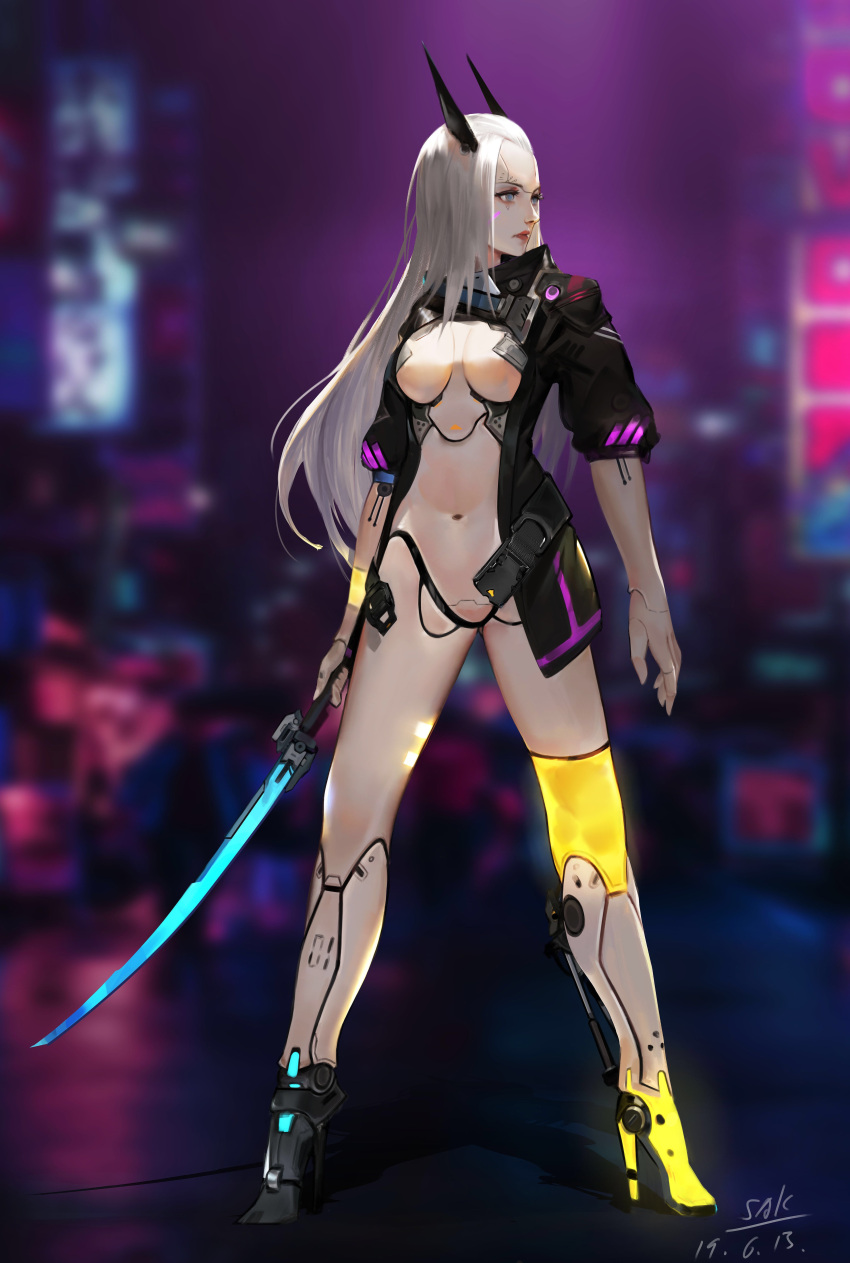 1girl absurdres android arms_at_sides artist_name asymmetrical_footwear belt black_jacket blurry blurry_background breasts copyright_request cyberpunk dated full_body glowing glowing_sword glowing_weapon grey_eyes hair_slicked_back high_heels highres holding holding_sword holding_weapon horns jacket joints legs_apart lize_cai long_hair looking_away looking_to_the_side mismatched_footwear naked_jacket navel open_belt open_clothes open_jacket red_lips robot_joints short_sleeves signature silver_hair snap-fit_buckle solo standing sword very_long_hair weapon