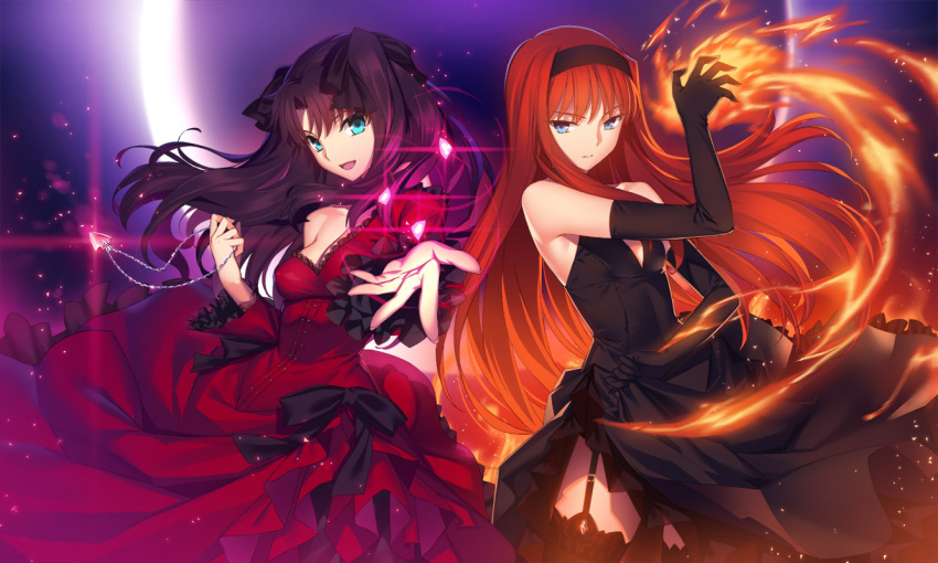 2girls alternate_costume artist_request bare_shoulders black_bow black_dress black_gloves black_hair black_legwear blue_eyes bow character_request dress elbow_gloves fate/stay_night fate_(series) garter_straps gloves jewelry jewelry_removed long_hair multiple_girls necklace necklace_removed red_dress strapless strapless_dress thigh-highs tohsaka_rin zettai_ryouiki