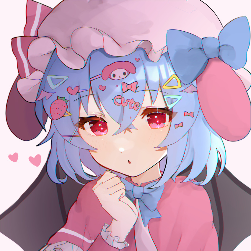 1girl :o alternate_costume arm_up bangs bat_wings blue_bow blue_bowtie blue_neckwear blush bow bowtie commentary_request crossed_bangs dot_nose dress eyebrows_visible_through_hair eyelashes fang frilled_sleeves frills fuua_(fxae3875) hair_ornament hairclip hat hat_bow hat_ribbon highres light_blue_hair long_sleeves mob_cap open_mouth pink_dress pink_headwear red_bow red_eyes red_ribbon remilia_scarlet ribbon shiny shiny_hair short_hair simple_background skin_fang smile solo standing touhou white_background wings