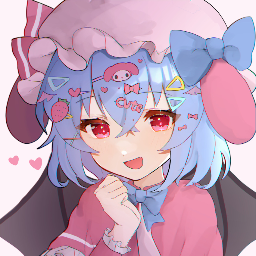 1girl :d alternate_costume arm_up bangs bat_wings blue_bow blue_bowtie blue_neckwear blush bow bowtie commentary_request crossed_bangs dot_nose dress eyebrows_visible_through_hair eyelashes fang frilled_sleeves frills fuua_(fxae3875) hair_ornament hairclip hat hat_bow hat_ribbon highres light_blue_hair long_sleeves mob_cap open_mouth pink_dress pink_headwear red_bow red_eyes red_ribbon remilia_scarlet ribbon shiny shiny_hair short_hair simple_background skin_fang smile solo standing touhou white_background wings