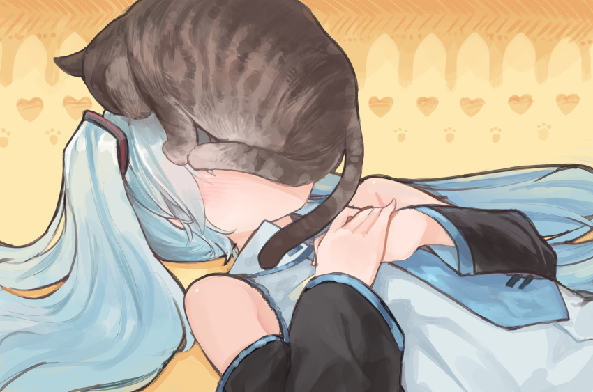 1girl animal_on_head aqua_hair aqua_necktie bare_shoulders black_sleeves cat cat_on_head commentary covered_face detached_sleeves grey_shirt hair_ornament hands_on_own_chest hatsune_miku heart heart_background highres light_blush long_hair lying microa necktie on_back on_head paw_print paw_print_background shirt sleeveless sleeveless_shirt solo twintails upper_body vocaloid