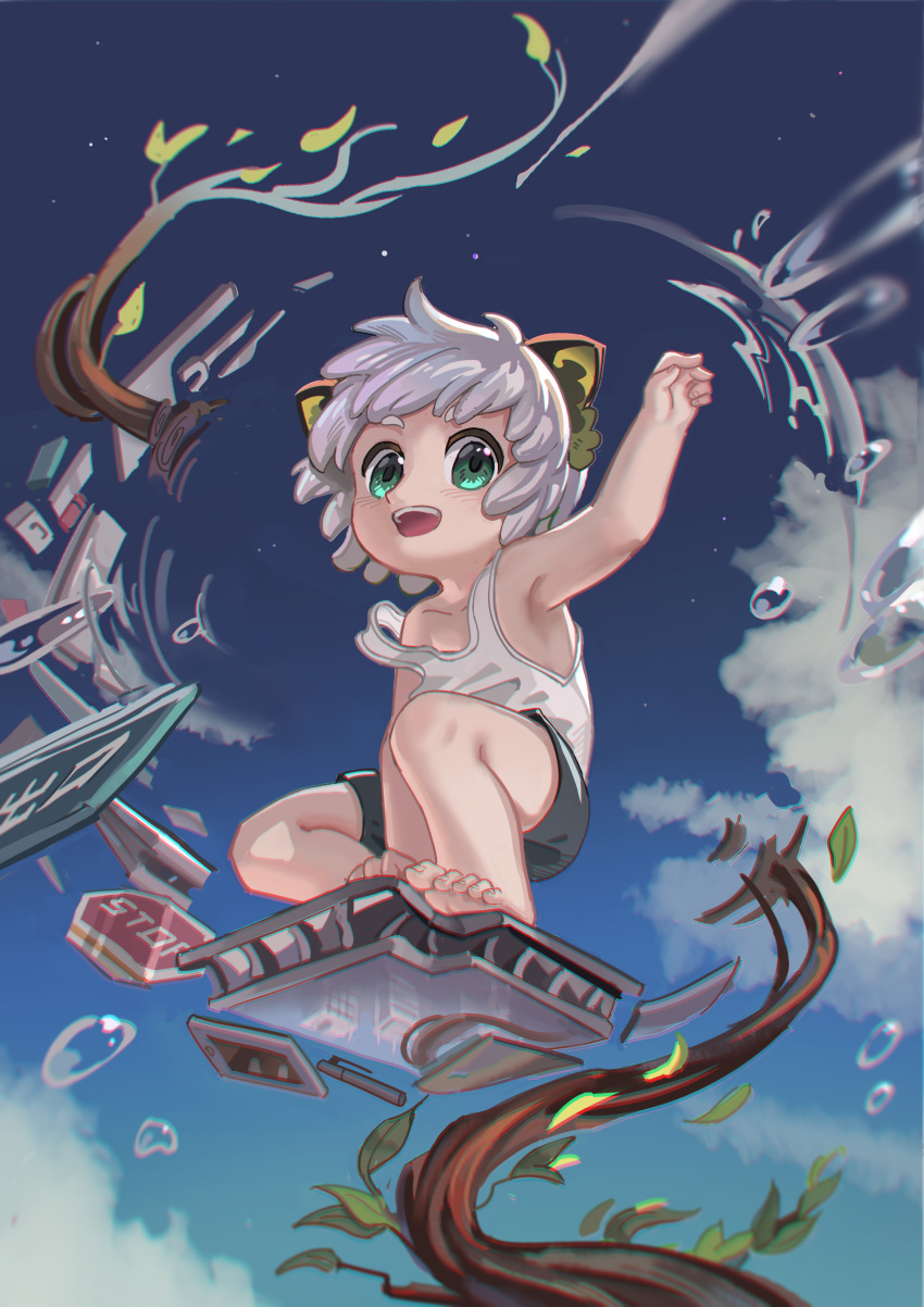 1boy absurdres animal_ears bare_legs barefoot black_shorts blue_sky bubble cat_boy cat_ears clouds cloudy_sky day floating floating_object highres leaf luoxiaohei outdoors plant short_hair shorts sky solo tank_top the_legend_of_luo_xiaohei whinghope white_hair white_tank_top