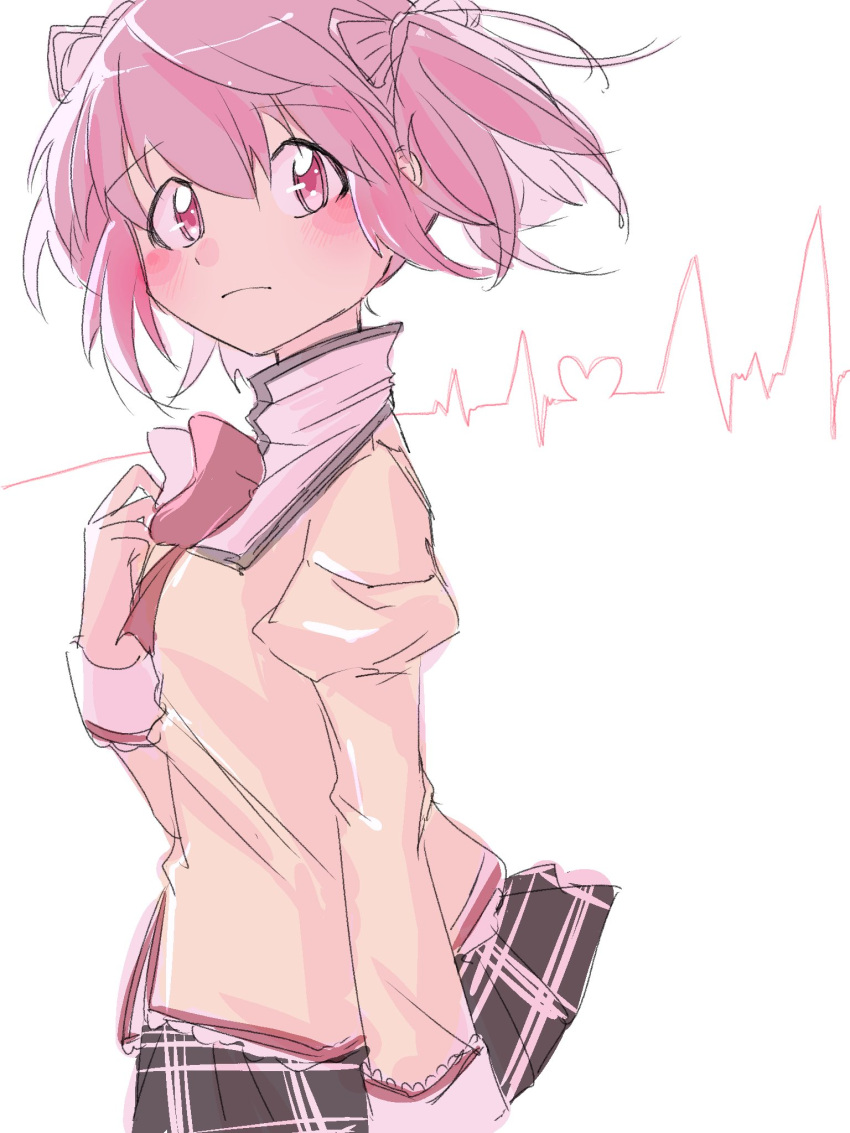 1girl arm_at_side beige_blouse black_skirt blouse blush breasts cardiogram clenched_hand closed_mouth dot_nose eyebrows_visible_through_hair facing_viewer frl1015 hair_between_eyes hair_ribbon hand_on_own_chest hand_up high_collar highres juliet_sleeves kaname_madoka long_sleeves looking_afar mahou_shoujo_madoka_magica mitakihara_school_uniform neck_ribbon nervous pink_eyes pink_hair plaid plaid_skirt pleated_skirt puffy_sleeves red_ribbon ribbon school_uniform sidelighting simple_background skirt small_breasts solo twintails white_background wide-eyed