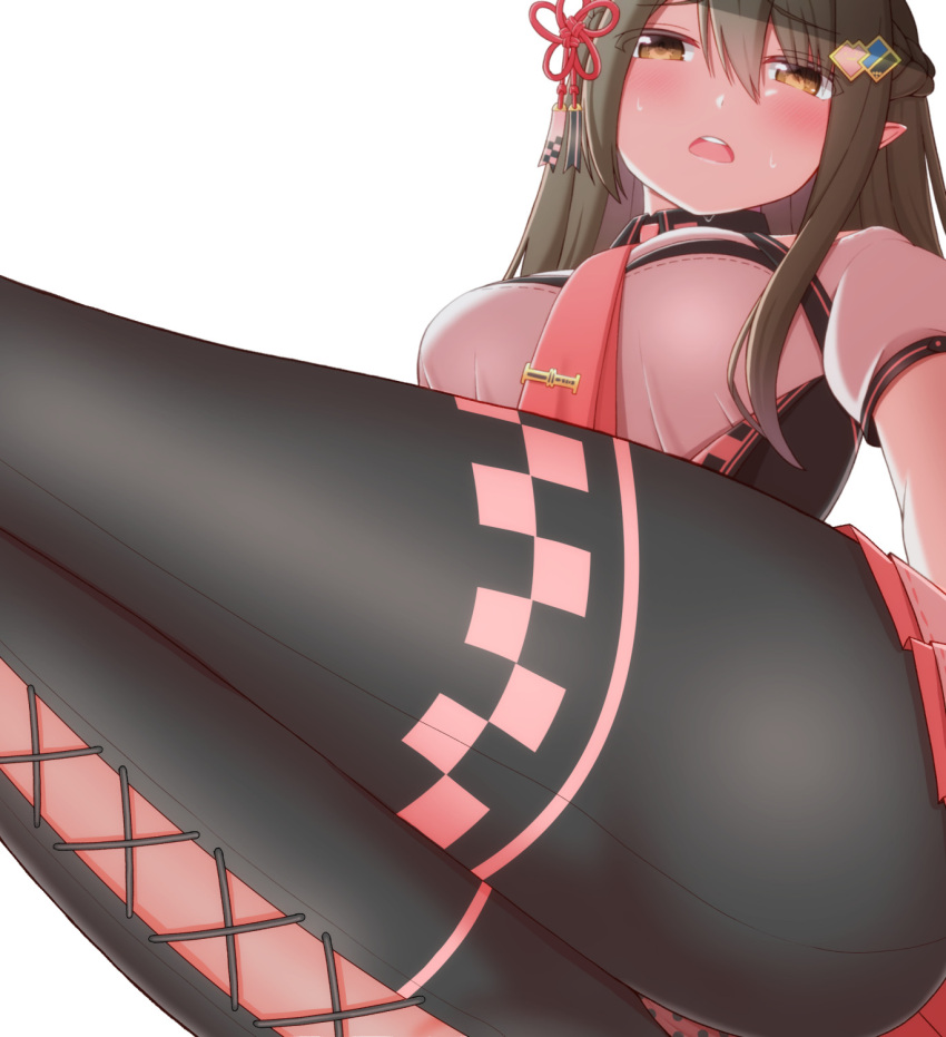 1girl ass bangs black_legwear blush braid breasts brown_eyes brown_hair collared_shirt cross-laced_clothes cross-laced_legwear eyebrows_visible_through_hair french_braid hair_between_eyes hair_ornament hairclip highres indie_virtual_youtuber kusunoki_shio long_hair looking_at_viewer medium_breasts necktie nekojima4040 open_mouth panties panties_over_pantyhose pantyhose pink_necktie pink_shirt pink_skirt pointy_ears polka_dot polka_dot_panties puffy_short_sleeves puffy_sleeves shirt short_sleeves simple_background skirt solo sweat tassel thighband_pantyhose thighs tie_clip underwear virtual_youtuber white_background