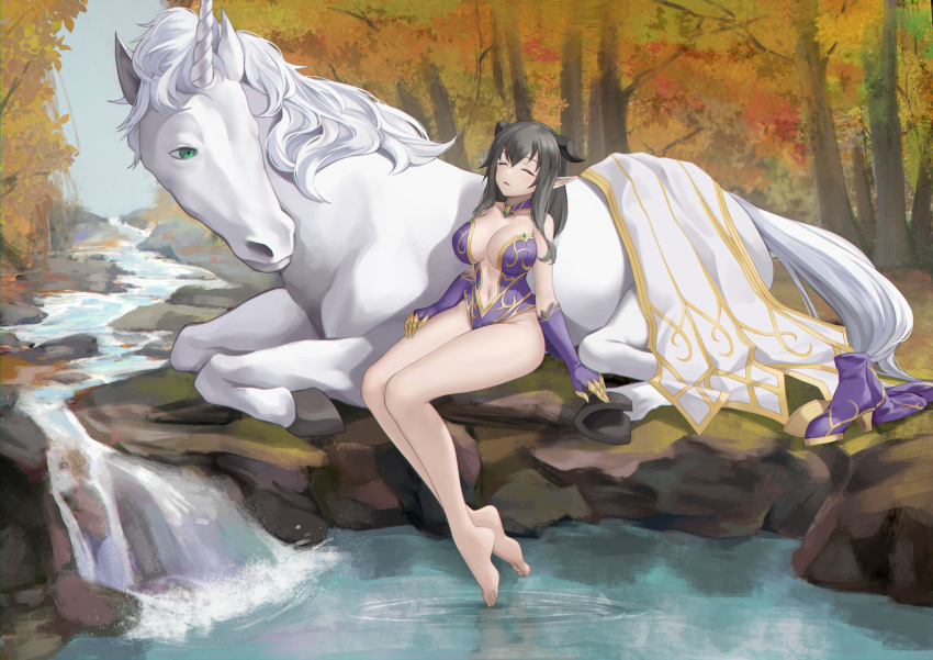 1girl bare_arms bare_legs bare_shoulders barefoot breasts closed_eyes elf feet grey_hair highres horse long_hair long_pointy_ears miso_(b7669726) no_bra no_panties original pointy_ears shoes shoes_removed water white_horse
