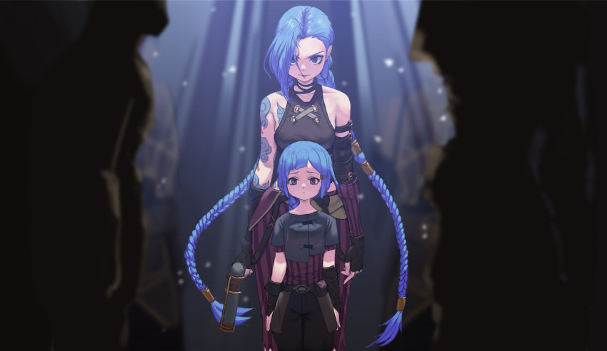 2girls arcane:_league_of_legends bare_shoulders black_gloves black_pants blue_hair blurry blurry_background braid breasts child closed_mouth cloud_tattoo collarbone cowboy_shot dual_persona fingerless_gloves gloves gun highres holding holding_gun holding_weapon jinx_(league_of_legends) kou_(kokounene) league_of_legends long_hair medium_breasts multiple_girls pants pink_pants powder_(arcane) shirt short_hair short_sleeves striped striped_pants striped_shirt striped_sleeves twin_braids very_long_hair weapon