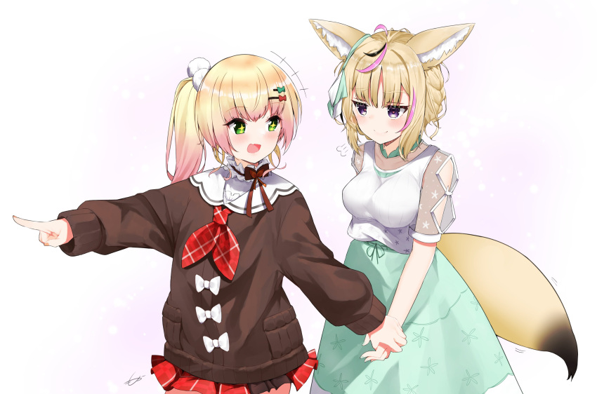+++ +_+ 2girls :d =3 absurdres animal_ear_fluff animal_ears bangs blonde_hair blush breasts brown_sweater closed_mouth commentary_request dress eyebrows_visible_through_hair fang fox_ears fox_girl fox_tail gradient_hair green_dress green_eyes hair_ornament hair_ribbon heart heart-shaped_pupils highres holding_hands hololive long_hair long_sleeves medium_breasts mocacoco339 momosuzu_nene multicolored_hair multiple_girls neckerchief omaru_polka open_mouth pink_hair ponytail red_neckerchief red_skirt ribbon shirt short_hair short_sleeves simple_background skin_fang skirt smile streaked_hair sweater symbol-shaped_pupils tail violet_eyes virtual_youtuber white_shirt