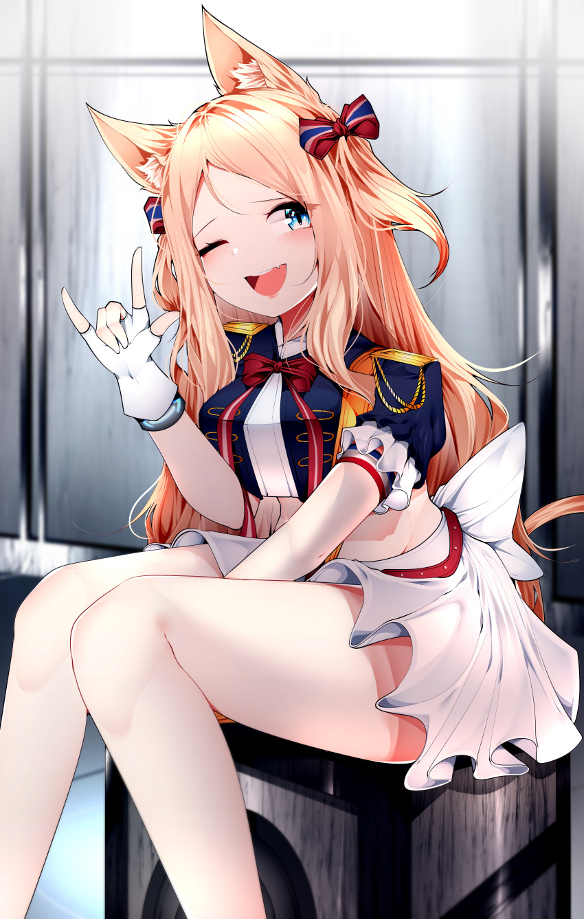 1girl ;d absurdres animal_ear_fluff archetto_(arknights) archetto_(publicity_strategy)_(arknights) arknights back_bow bangs blonde_hair blue_eyes bow bowtie bracelet commentary crop_top fang feet_out_of_frame fingerless_gloves frilled_sleeves frills gloves heterochromia highres infection_monitor_(arknights) jewelry long_hair looking_at_viewer midriff miniskirt navel official_alternate_costume one_eye_closed parted_bangs red_bow red_bowtie samip short_sleeves sitting skin_fang skirt smile solo stomach two_side_up very_long_hair white_bow white_gloves white_skirt