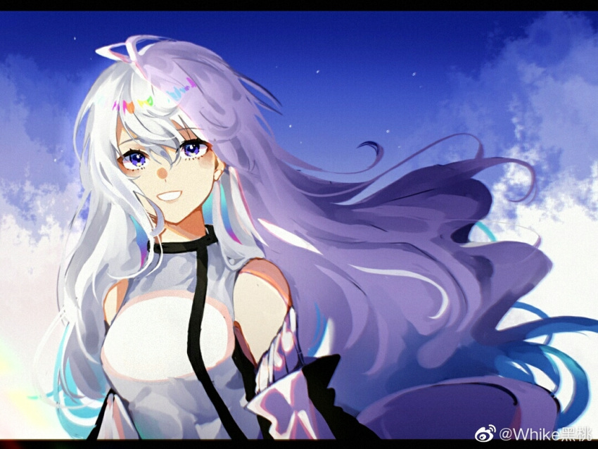 1girl blue_sky clouds douluo_dalu dress gu_yuena long_hair long_sleeves silver_hair sky smile violet_eyes weibo_id weibo_logo white_dress