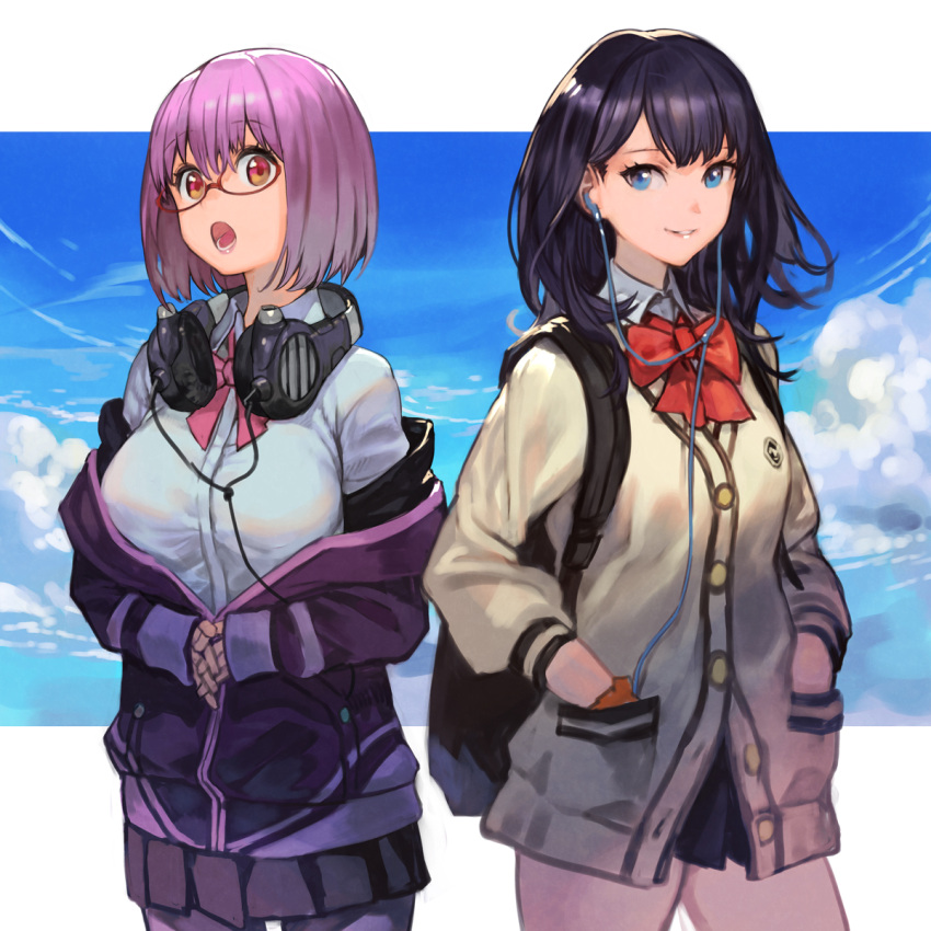 2girls black_hair blue_eyes breasts cardigan earphones glasses gridman_universe hands_in_pockets hankuri headphones headphones_around_neck highres large_breasts medium_hair multiple_girls open_mouth orange_eyes pantyhose purple_hair ribbon shinjou_akane short_hair skirt smile ssss.gridman takarada_rikka