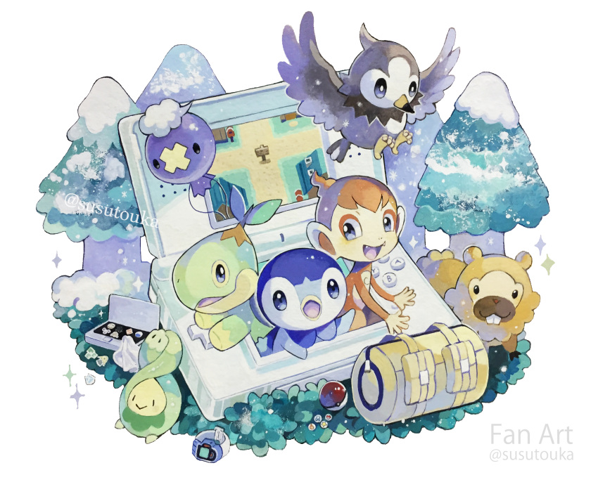 :d acrylic_paint_(medium) bag bidoof bird budew chimchar commentary_request drifloon duffel_bag fangs handheld_game_console highres nintendo_ds no_humans open_mouth painting_(medium) piplup poke_ball poke_ball_(basic) pokemon pokemon_(creature) poketch smile sparkle starly susutouka tongue traditional_media tree turtwig watch watch yellow_bag