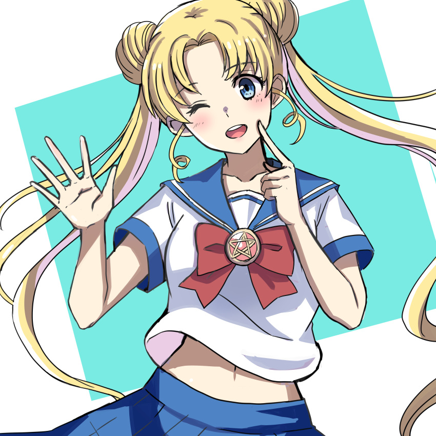 1girl absurdres bishoujo_senshi_sailor_moon blonde_hair blue_eyes blue_skirt collarbone commentary_request double_bun eyebrows_visible_through_hair forehead hand_up hexagram highres index_finger_raised long_hair navel one_eye_closed open_mouth sailor_moon school_uniform skirt solo star_of_david teeth tsukino_usagi twintails two-tone_background upper_body upper_teeth user_rskj8724