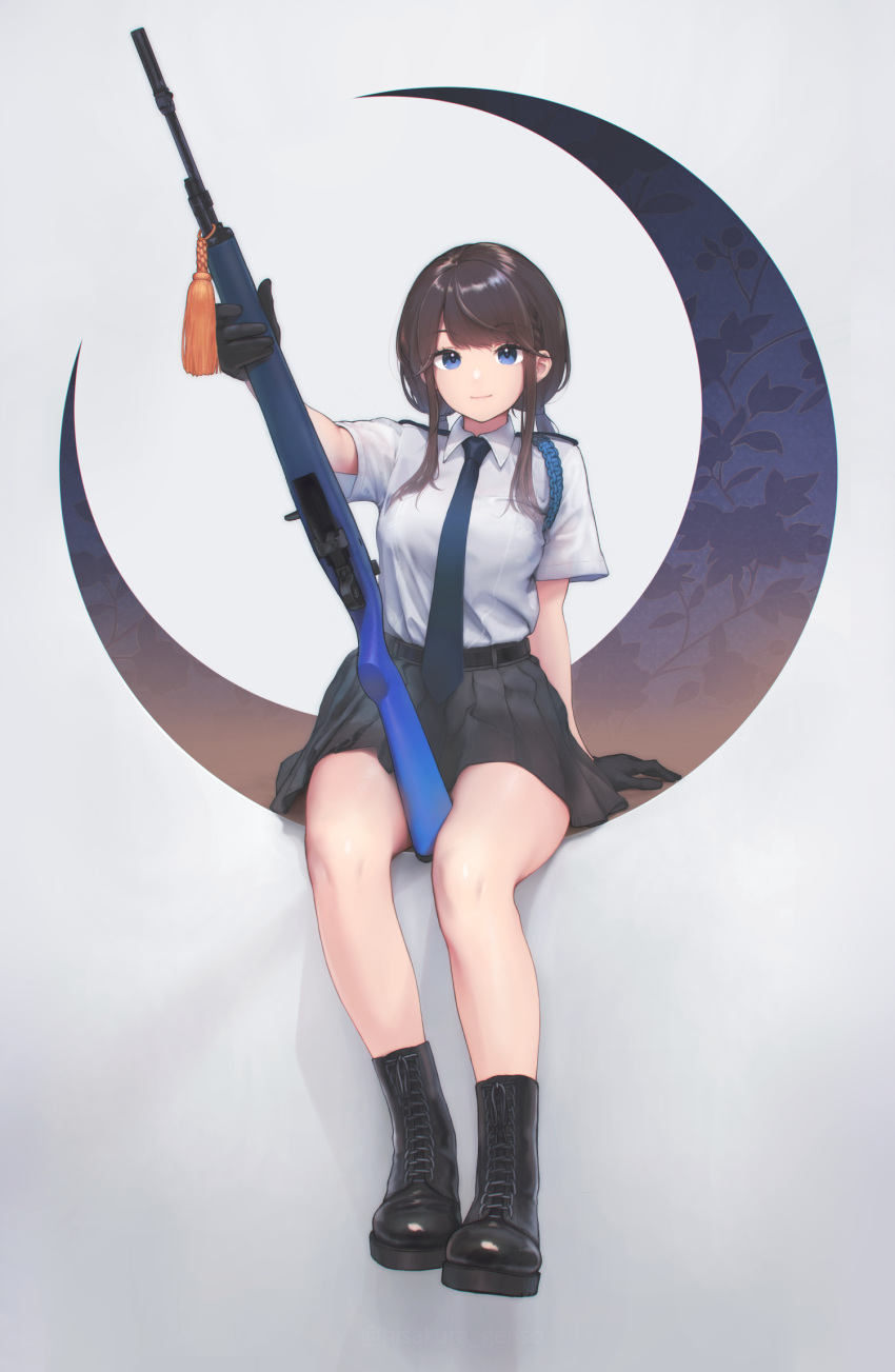 1girl bare_legs battle_rifle belt black_footwear black_gloves black_skirt blue_eyes blue_neckwear boots brown_hair combat_boots cross-laced_footwear genso gloves gun highres lace-up_boots looking_at_viewer m14 necktie original rifle shirt shirt_tucked_in short_sleeves sitting skirt smile solo weapon white_shirt