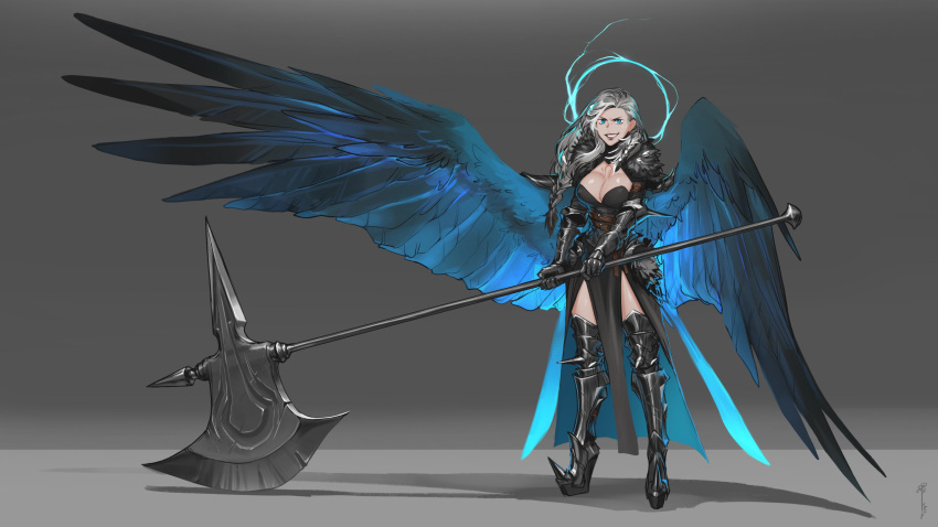 1girl absurdres armored_boots axe battle_axe belt blue_eyes blue_wings boots braid breasts commentary commission english_commentary feathered_wings full_body gauntlets grey_background grin highres huge_weapon large_breasts less long_hair looking_at_viewer original pelvic_curtain silver_hair simple_background smile solo standing weapon wings