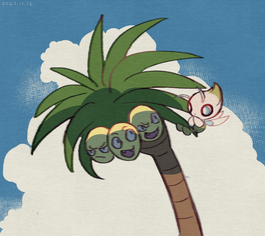alolan_exeggutor blue_eyes bright_pupils celebi closed_mouth clouds commentary_request dated day flying leels no_humans outdoors pokemon pokemon_(creature) sky white_pupils