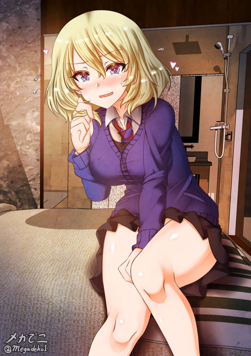 1girl aquaegg bc_freedom_school_uniform bed black_skirt blonde_hair blue_eyes blush breasts eyebrows_visible_through_hair girls_und_panzer heart highres indoors large_breasts looking_at_viewer miniskirt necktie nervous nervous_smile on_bed open_mouth oshida_(girls_und_panzer) pleated_skirt school_uniform shiny shiny_hair short_hair sitting skirt solo striped_necktie