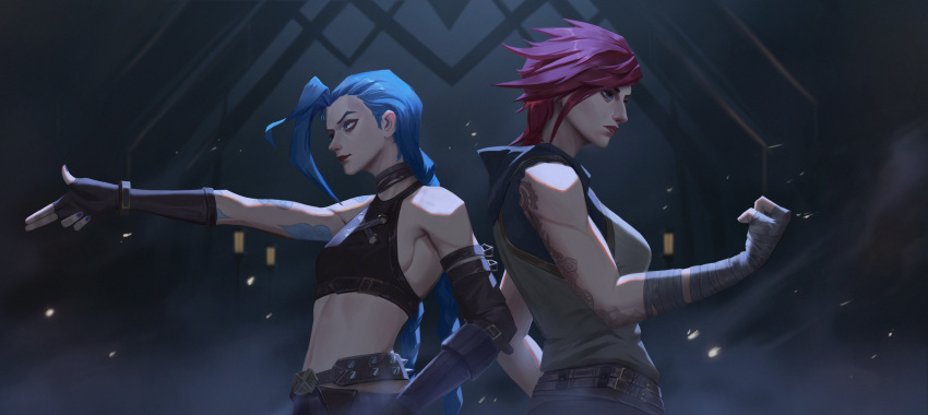 absurdres arcane:_league_of_legends arm_tattoo bandaged_arm bandaged_hand bandages bangs bare_shoulders belt black_background breasts brown_gloves crop_top detached_sleeves finger_gun fingerless_gloves from_side gloves gradient gradient_background highres jangsunyo jinx_(league_of_legends) large_breasts league_of_legends long_hair medium_breasts navel official_alternate_costume pink_hair production_art shiny shiny_hair spiked_belt stomach tattoo vi_(league_of_legends)