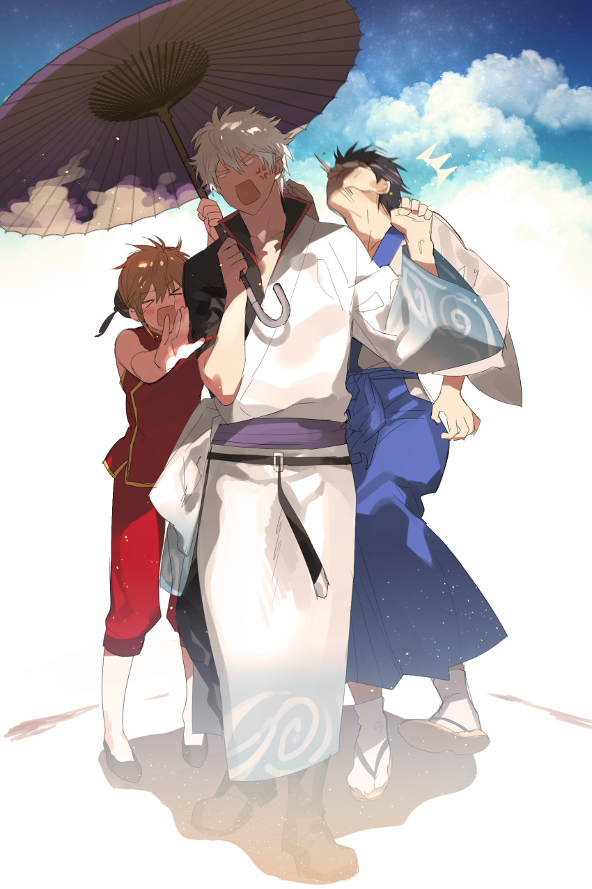 &gt;_&lt; absurdres angry black_hair clenched_hand clouds d: dx face_punch gintama highres holding holding_umbrella in_the_face japanese_clothes kagura_(gintama) kimono orange_hair punching sakata_gintoki sennen_suisei shimura_shinpachi short_hair sky umbrella white_hair wide_sleeves