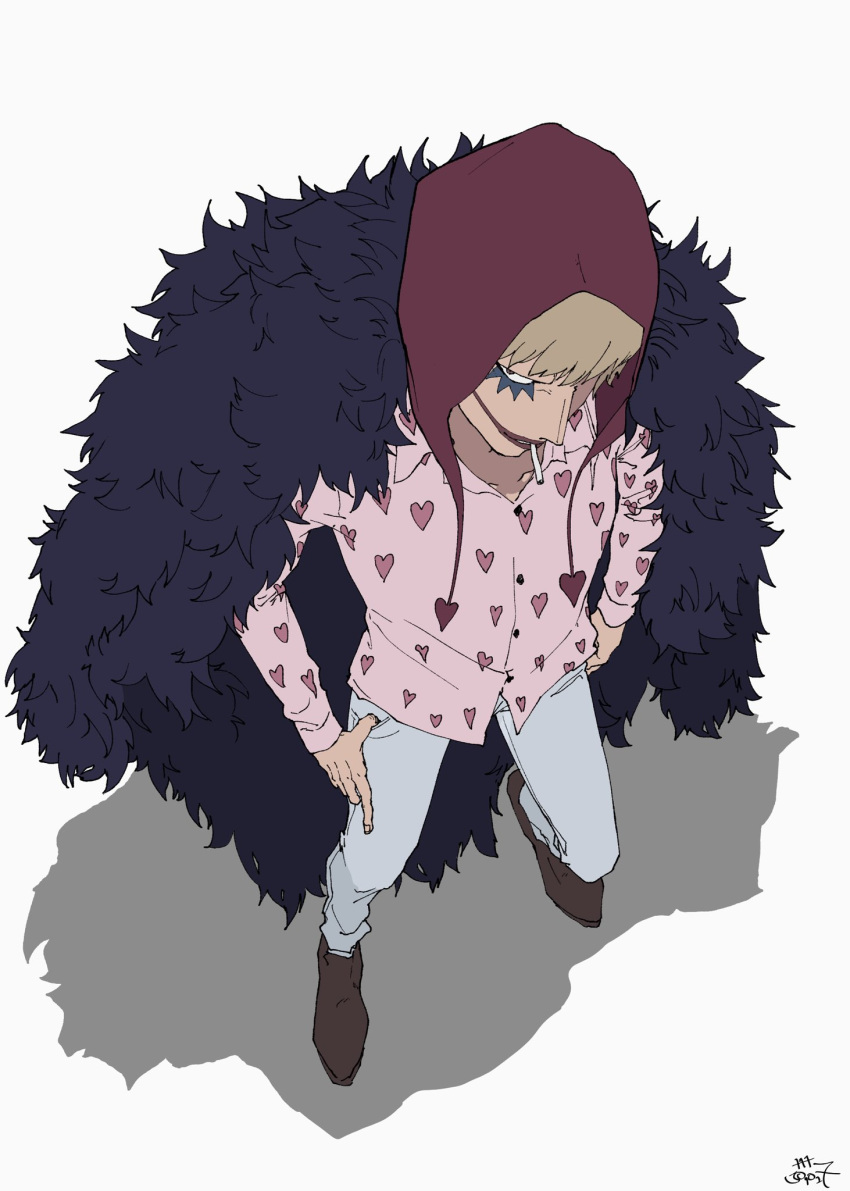 1boy blonde_hair cigarette coat coat_on_shoulders donquixote_rocinante from_above fur_coat hand_in_pocket hat highres long_sleeves makeup male_focus one_piece smoking solo ufkqz white_background