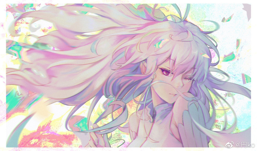 1girl colorful douluo_dalu gu_yuena hair_blowing highres long_hair one_eye_closed silver_hair violet_eyes weibo_id weibo_logo white_background