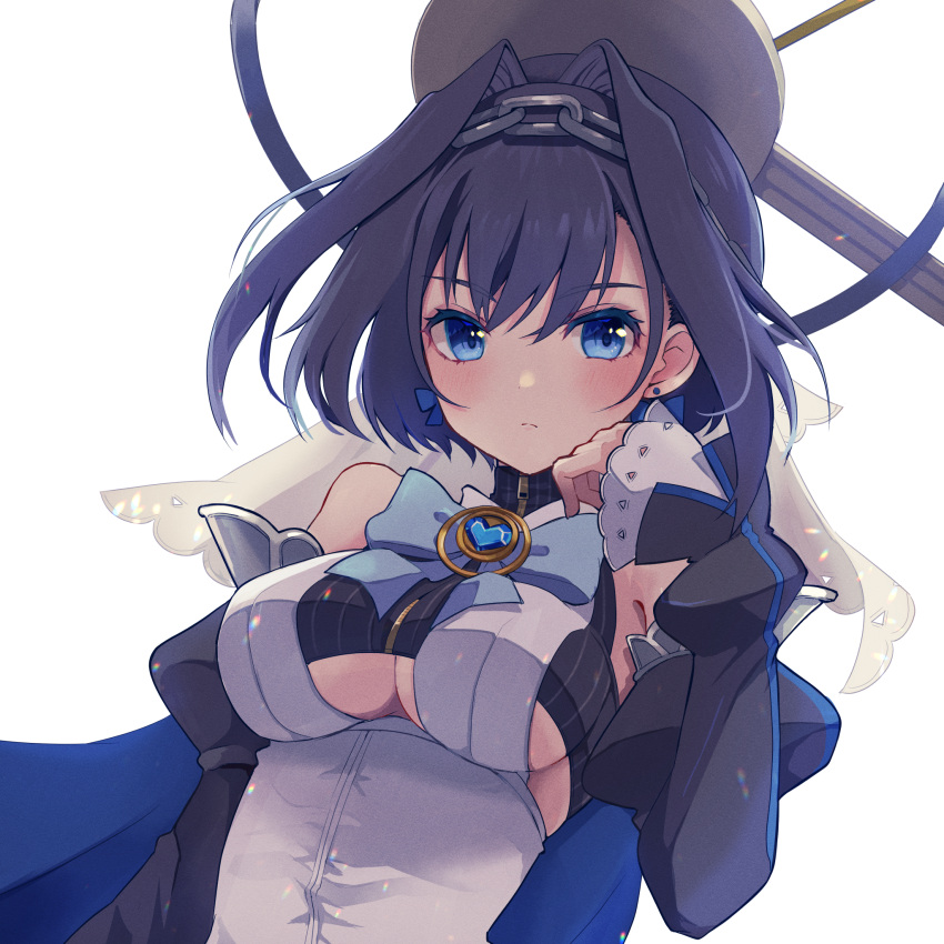 1girl bangs blue_bow blue_bowtie blue_eyes blue_hair blush bow bowtie breasts chain closed_eyes commentary_request detached_sleeves earrings eyebrows_visible_through_hair hair_between_eyes hair_intakes hand_up head_chain heart highres hololive hololive_english jewelry juliet_sleeves long_sleeves looking_at_viewer mechanical_halo medium_breasts morikome_(moririce) ouro_kronii puffy_sleeves revision shirt short_hair simple_background solo upper_body virtual_youtuber white_background white_shirt zipper