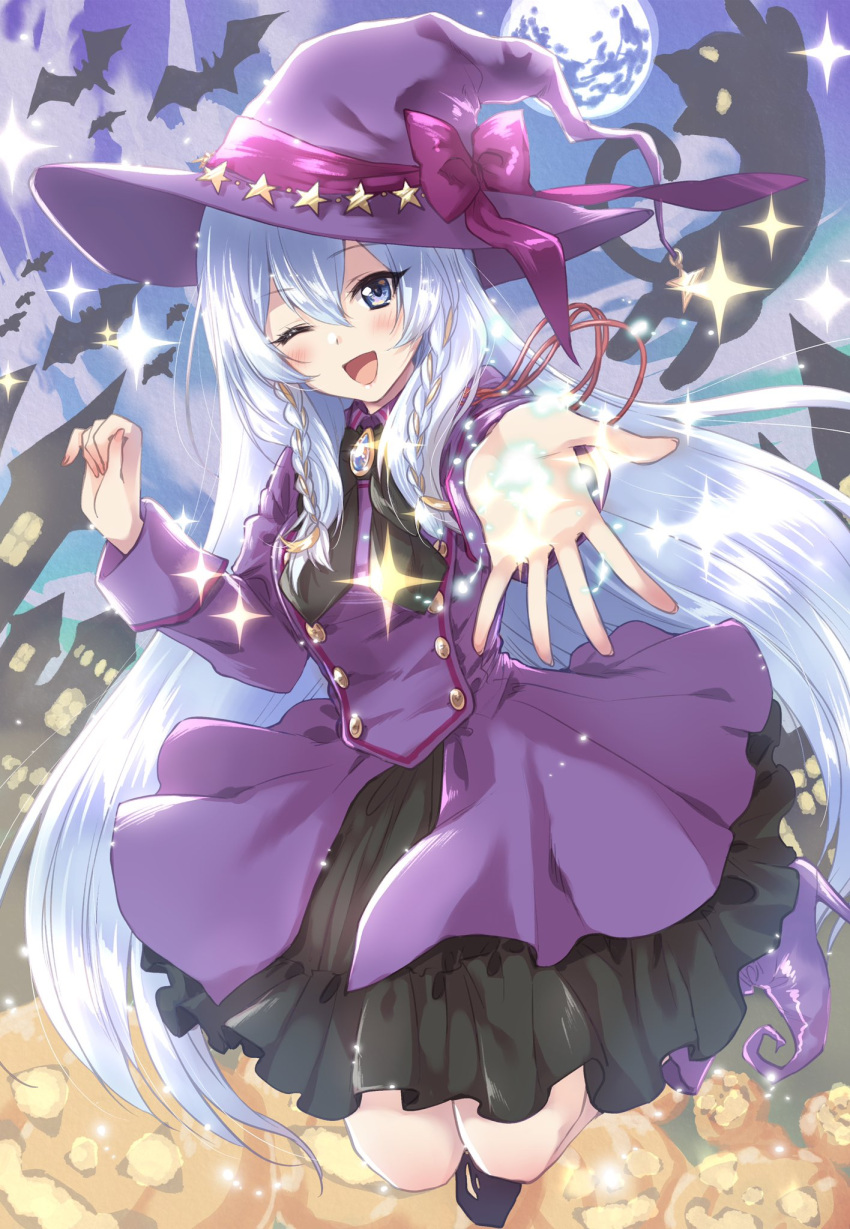 1girl ;d bangs bat black_cat blue_eyes blue_hairband boots bow braid brooch cat collared_dress commentary dress floating full_moon hairband halloween halloween_costume hat hat_bow high_heel_boots high_heels highres jewelry kuroi_mimei layered_dress legs_up long_hair looking_at_viewer medium_dress moon night night_sky one_eye_closed open_mouth original outdoors pointy_footwear purple_dress purple_footwear purple_headwear reaching_out side_braid sky smile solo sparkle star_(symbol) twin_braids very_long_hair witch_hat