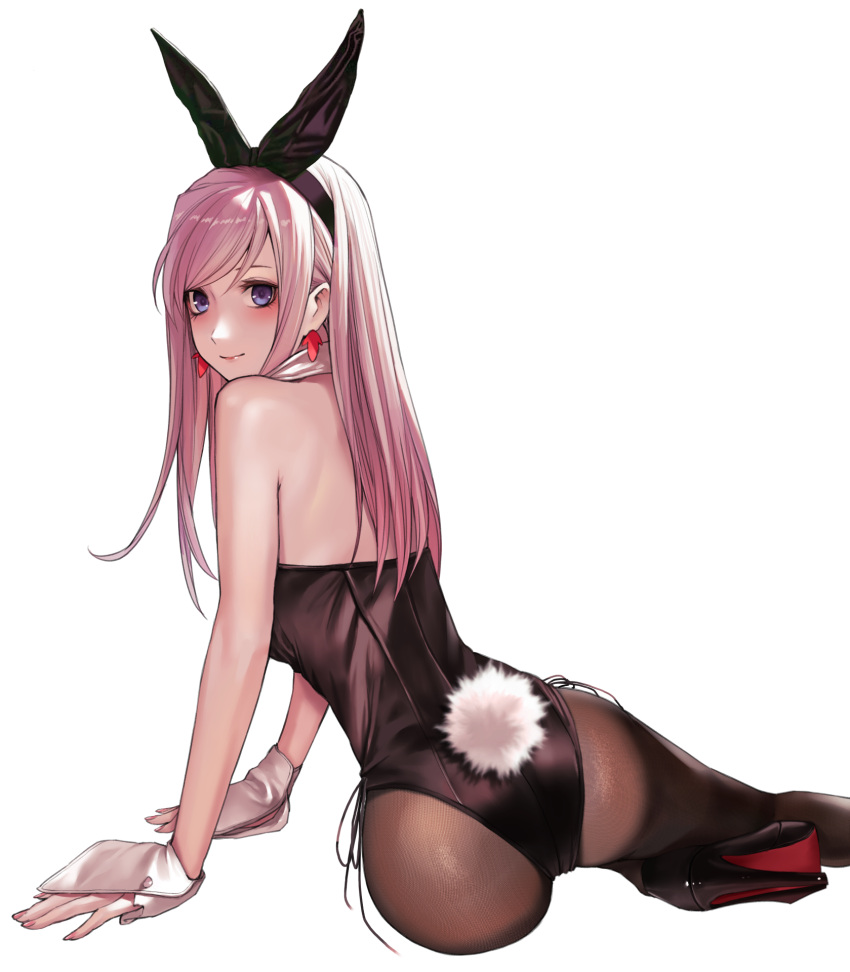 1girl alternate_costume alternate_hairstyle animal_ears applekun ass back bare_shoulders black_footwear black_headband black_leotard blue_eyes brown_legwear closed_mouth commentary detached_collar earrings fake_animal_ears fake_tail fate/grand_order fate_(series) fingernails headband high_heels highres jewelry leotard lips long_hair looking_at_viewer miyamoto_musashi_(fate) pantyhose pink_hair pink_lips playboy_bunny rabbit_ears rabbit_tail sidelocks simple_background sitting smile solo strapless strapless_leotard tail white_background wrist_cuffs
