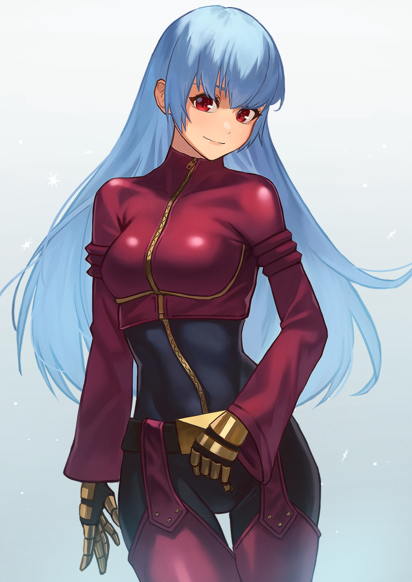 1girl absurdres belt blue_background blue_hair bodysuit breasts closed_mouth cowboy_shot crop_top eyebrows_behind_hair gloves gradient gradient_background hara_kenshi highres kula_diamond long_hair long_sleeves looking_at_viewer medium_breasts red_eyes smile solo the_king_of_fighters thigh_gap very_long_hair yellow_gloves zipper