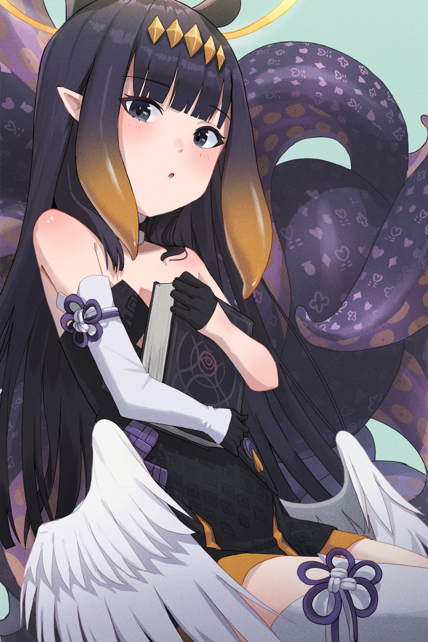 1girl absurdres animal_ears ao-chan_(ninomae_ina'nis) bangs bare_shoulders black_dress black_gloves black_hair blunt_bangs book book_hug choker collarbone commentary detached_sleeves dress extra_ears eyebrows_visible_through_hair feathered_wings flat_chest gloves gnns gradient_hair green_background headpiece highres holding holding_book hololive hololive_english long_hair looking_at_viewer low_wings multicolored_hair ninomae_ina'nis object_hug parted_lips pointy_ears sidelocks single_sleeve single_thighhigh sitting solo strapless strapless_dress tentacles thigh-highs virtual_youtuber white_legwear white_wings wings zettai_ryouiki