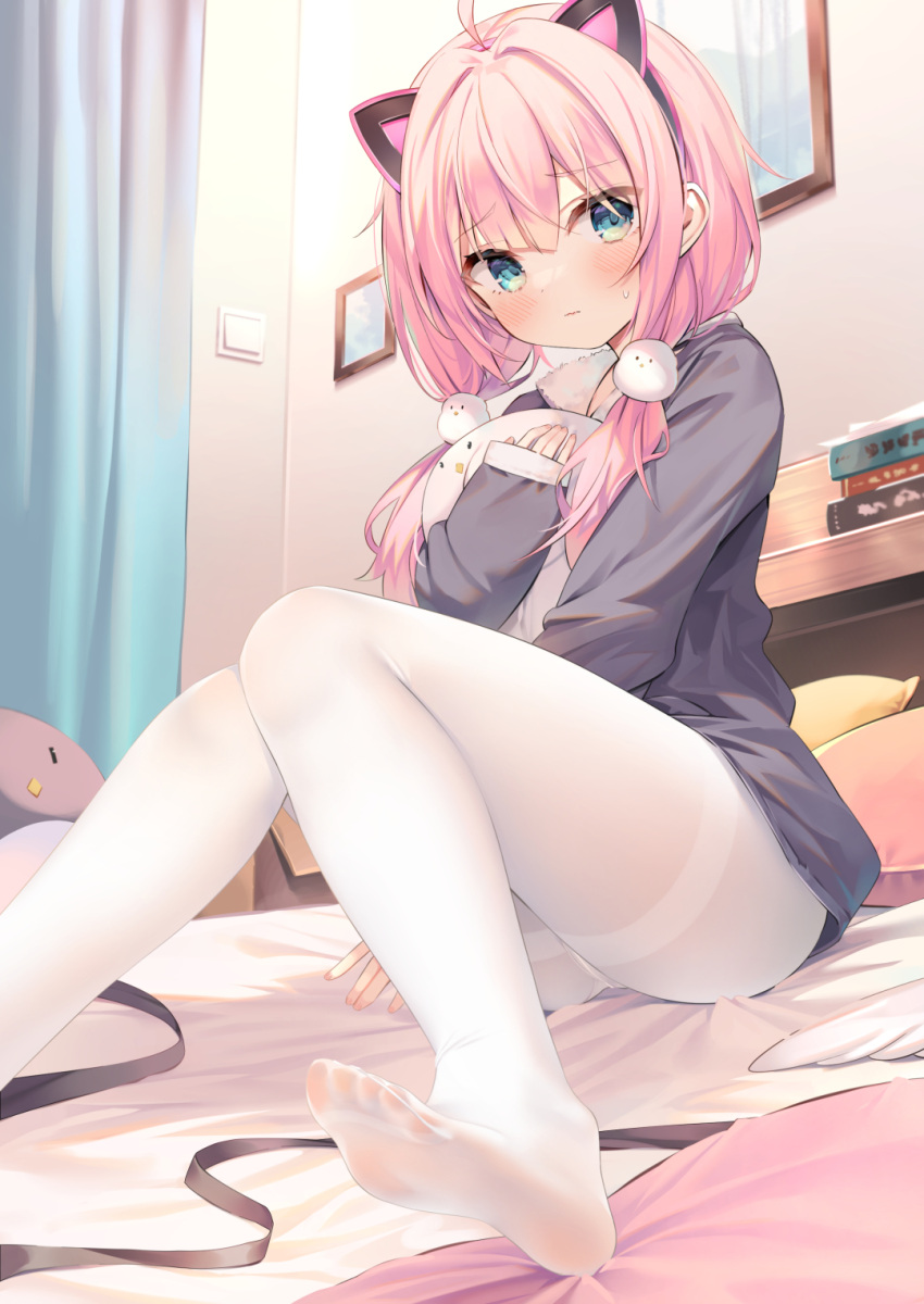 1girl animal_ears blue_eyes cat_ears chen_bin chinese_commentary commentary_request curtains fake_animal_ears hair_ornament hairband highres indie_virtual_youtuber indoors knees_together_feet_apart long_hair long_sleeves looking_at_viewer low_twintails object_hug on_bed pantyhose pink_hair sakurada_hane sitting solo stuffed_animal stuffed_toy thighband_pantyhose toes twintails white_legwear