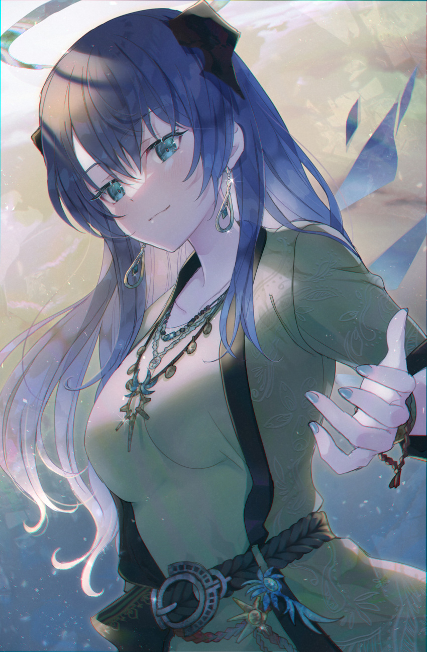 1girl alternate_costume aqua_eyes arknights backlighting bag bangs belt blue_eyes blue_hair blue_nails blush bracelet breasts closed_mouth collarbone demon_horns dress earrings eyebrows_visible_through_hair gradient gradient_background green_dress halo highres horns jewelry long_hair long_sleeves looking_at_viewer medium_breasts mostima_(arknights) nail_polish necklace outstretched_hand smile solo soukuu_kizuna upper_body