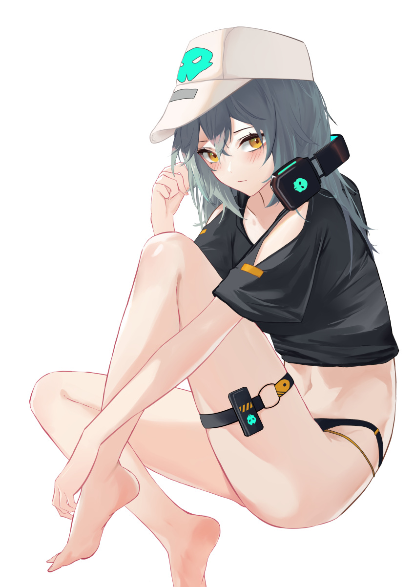 1girl absurdres antonina_(girls'_frontline_nc) bangs bare_legs barefoot baseball_cap black_shirt blush clothing_cutout commentary_request crop_top girls'_frontline_neural_cloud girls_frontline grey_hair hair_between_eyes hand_up hat headphones headphones_around_neck highres knee_up long_hair looking_at_viewer midriff navel o-ring shirt short_sleeves shoulder_cutout simple_background sitting solo stomach thigh_strap thighs white_background white_headwear xiaobei yellow_eyes