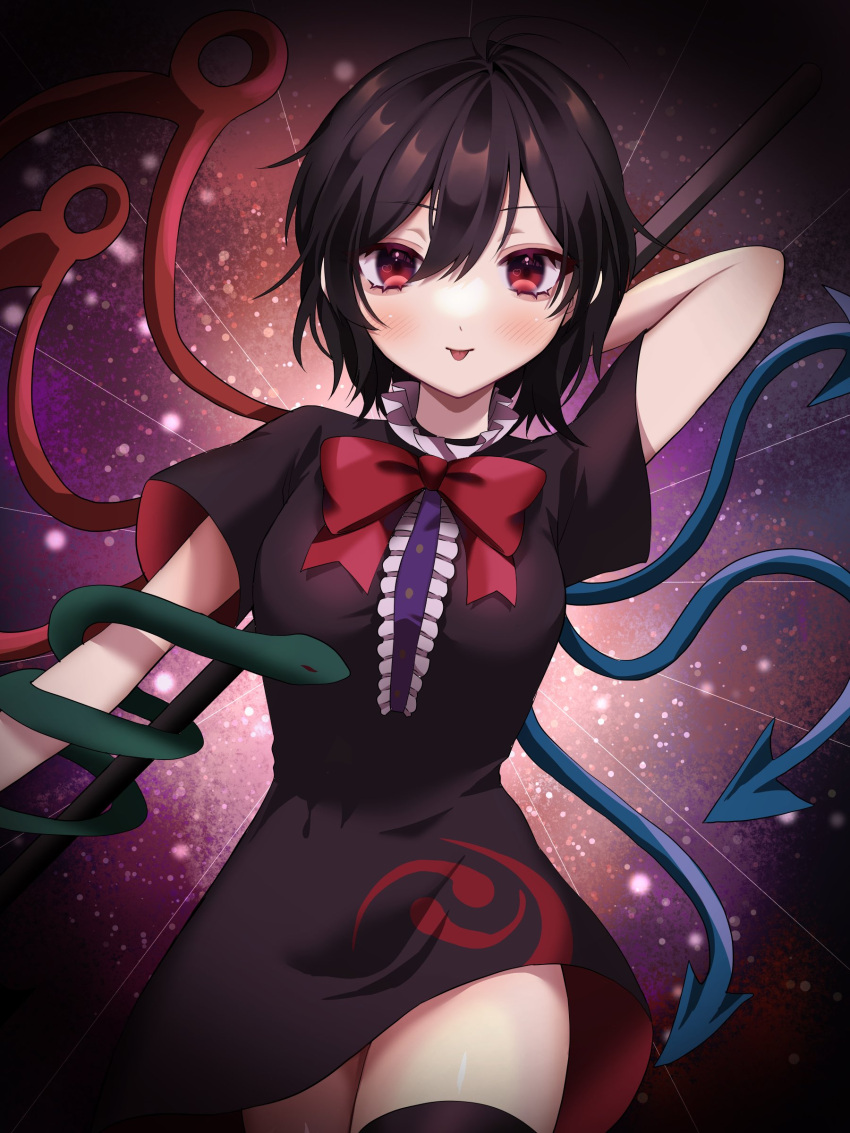 1girl :p absurdres ahoge asymmetrical_wings black_dress black_hair blush bow bowtie dress eyebrows_visible_through_hair hair_between_eyes highres houjuu_nue niningani_ww red_eyes solo tongue tongue_out touhou wings