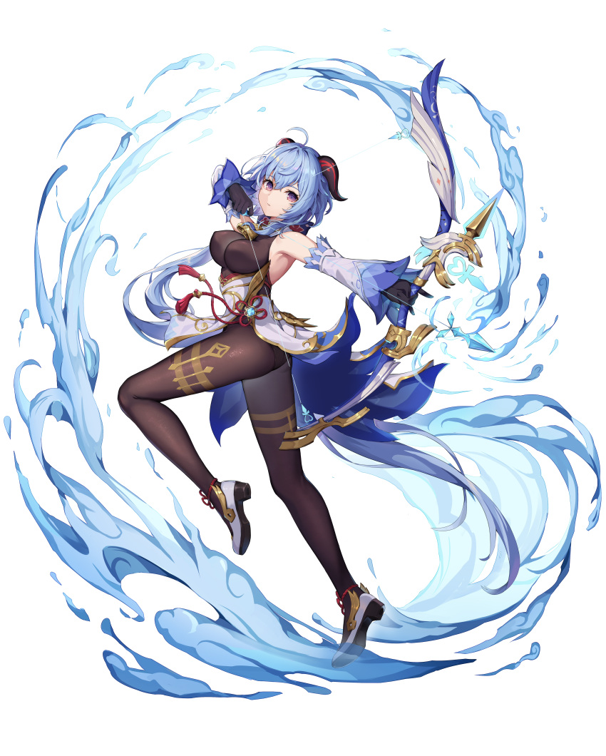 1girl absurdly_long_hair absurdres ahoge armpits arrow_(projectile) ass bangs bare_shoulders bell black_gloves black_legwear blue_hair bow_(weapon) breasts brown_legwear brown_leotard chinese_knot curled_horns detached_sleeves drawing_bow flower_knot from_side full_body ganyu_(genshin_impact) genshin_impact gloves gold_trim high_heels highres hokori_sakuni holding holding_bow_(weapon) holding_weapon horns leg_up leotard long_hair looking_at_viewer magic medium_breasts neck_bell outstretched_arm pantyhose sidelocks solo standing tassel thighlet thighs very_long_hair violet_eyes vision_(genshin_impact) waist_cape weapon white_background white_sleeves wide_sleeves wind