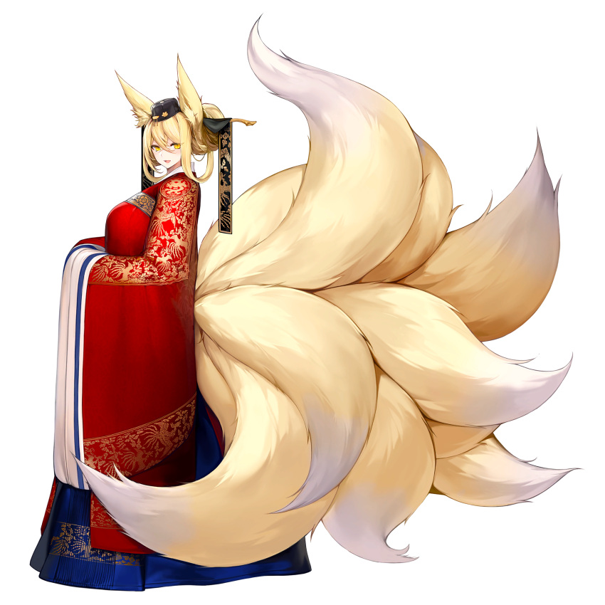 1girl animal_ear_fluff animal_ears bangs blonde_hair blush breasts crossed_bangs fox_ears fox_girl fox_tail full_body hair_between_eyes hat highres hirume_of_heavenly_incense kitsune korean_clothes kumiho last_origin looking_at_viewer looking_to_the_side multiple_tails official_art open_mouth smile snowball22 solo tachi-e tail transparent_background wide_sleeves yellow_eyes