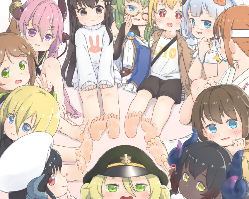 6+girls :d :p ? animal_ear_fluff animal_ears baigao bangs bare_legs barefoot black_hair blonde_hair blue_eyes blue_hair blush borrowed_character brown_hair child chinese_commentary commentary_request dark-skinned_female dark_skin demon_girl demon_tail feet glasses green_eyes green_hair hair_between_eyes hair_ornament hairclip hat headband heart heart-shaped_pupils heart_in_mouth highres horns looking_at_viewer multiple_girls original pink_hair pointy_ears red_eyes semi-rimless_eyewear shorts sleeves_past_wrists smile symbol-shaped_pupils tail tongue tongue_out under-rim_eyewear v violet_eyes yellow_eyes