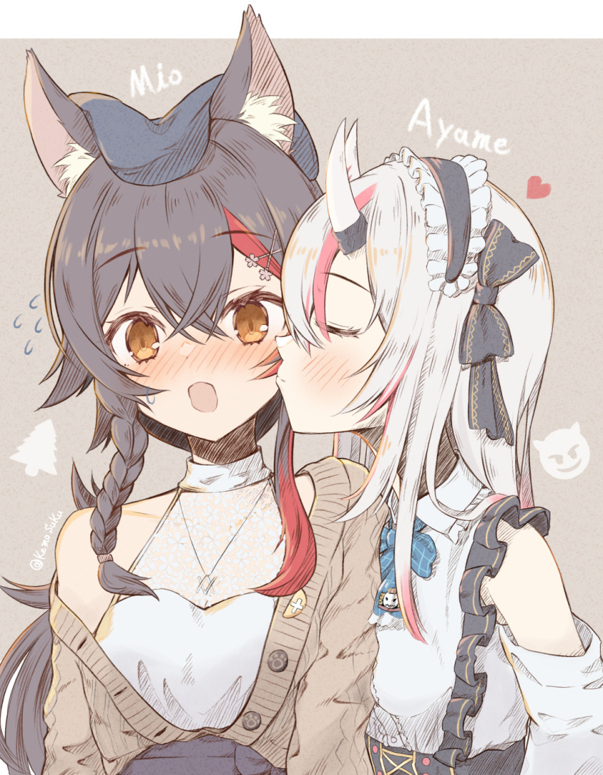 2girls animal_ear_fluff animal_ears black_bow black_hair black_hairband blue_bow blue_bowtie blue_headwear blush bow bowtie brown_cardigan brown_eyes cardigan character_name closed_eyes commentary_request flying_sweatdrops frilled_hairband frills hair_bow hair_ornament hairband halterneck hat heart highres hololive horns keesuke_(kkosyoku) kiss kissing_cheek long_hair looking_at_viewer multicolored_hair multiple_girls nakiri_ayame off_shoulder official_alternate_costume oni_horns ookami_mio open_mouth redhead shirt single_bare_shoulder sleeveless sleeveless_shirt streaked_hair twitter_username upper_body white_hair white_shirt wolf_ears x_hair_ornament yuri