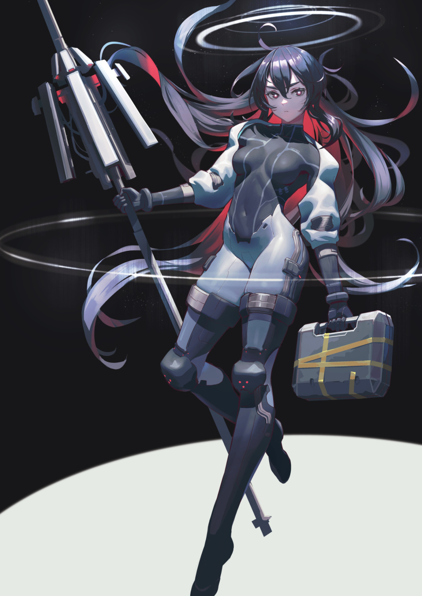1girl black_hair bodysuit briefcase bright_pupils colored_inner_hair covered_navel full_body guihuo_inferno halo highres holding holding_briefcase holding_polearm holding_weapon long_hair looking_at_viewer multicolored_hair original polearm red_eyes redhead science_fiction skin_tight solo spacesuit spear tape two-tone_hair very_long_hair weapon white_pupils