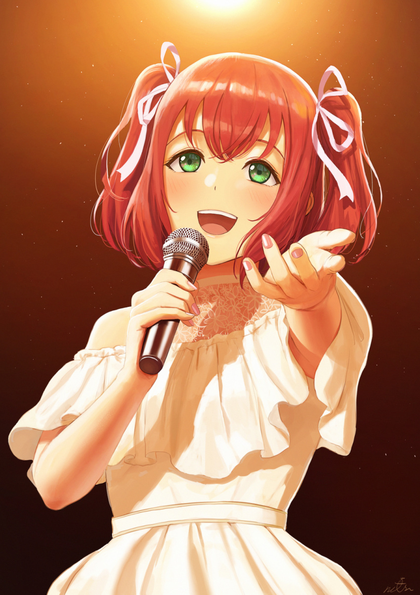 1girl bare_shoulders dress green_eyes hair_ribbon highres holding holding_microphone kurosawa_ruby love_live! love_live!_sunshine!! microphone music nail_polish off-shoulder_dress off_shoulder open_mouth papi_(papiron100) pink_nails redhead ribbon singing smile solo teeth two_side_up upper_teeth white_dress white_ribbon