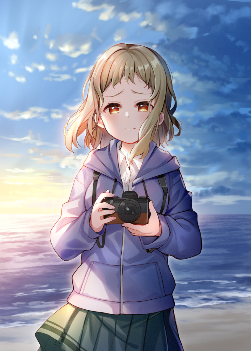1girl absurdres brown_eyes brown_hair camera camera_around_neck closed_mouth clouds cloudy_sky collared_shirt drawstring dress_shirt forehead grey_skirt highres holding holding_camera hood hood_down hooded_jacket horizon jacket just_because! komiya_ena looking_at_viewer meito_(maze) ocean outdoors pleated_skirt purple_jacket shirt skirt sky smile solo sunset water white_shirt
