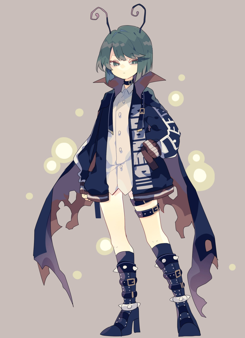 1girl adapted_costume antennae bangs belt belt_collar black_cape black_collar black_footwear black_jacket boots bright_pupils cape collar commentary full_body green_eyes green_hair hand_in_pocket high_heel_boots high_heels highres jacket long_sleeves nikorashi-ka no_pants shirt short_hair simple_background solo studded_belt symbol-only_commentary thigh_strap touhou white_shirt wriggle_nightbug