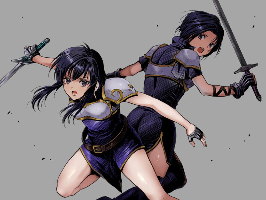 2girls black_hair boots creidne_(fire_emblem) earrings fingerless_gloves fire_emblem fire_emblem:_genealogy_of_the_holy_war gloves jewelry larcei_(fire_emblem) multiple_girls open_mouth short_hair sword weapon