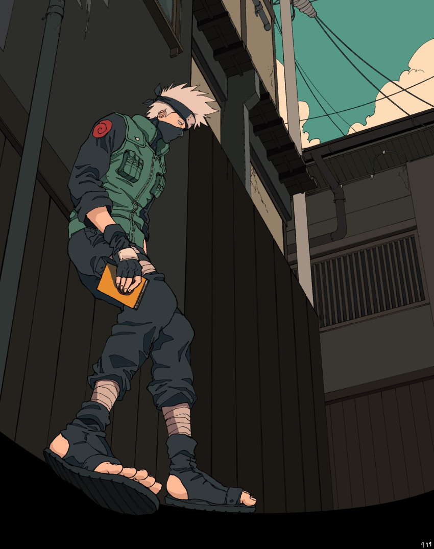 1boy book fingerless_gloves flak_jacket forehead_protector from_side gloves hatake_kakashi highres holding holding_book jacket male_focus mask mouth_mask naruto_(series) ninja_mask outdoors sandals sleeves_rolled_up solo ufkqz white_hair